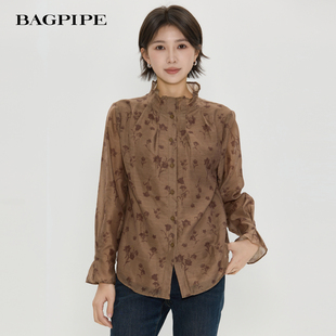 风笛2025冬新款 女士立领宽松气质 纽扣休闲风印花vintage衬衫