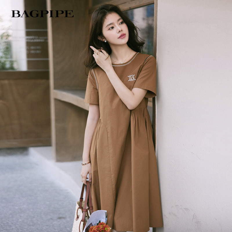 风笛2025夏季新款纯棉短袖连衣裙女圆领宽松显瘦中长款A版裙子