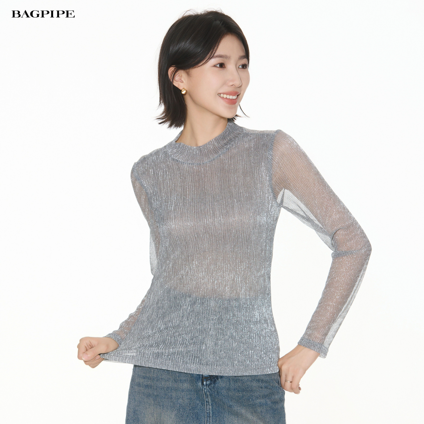 风笛2025秋季新款微透细闪半高领打底衫女高弹气质设计感长袖上衣