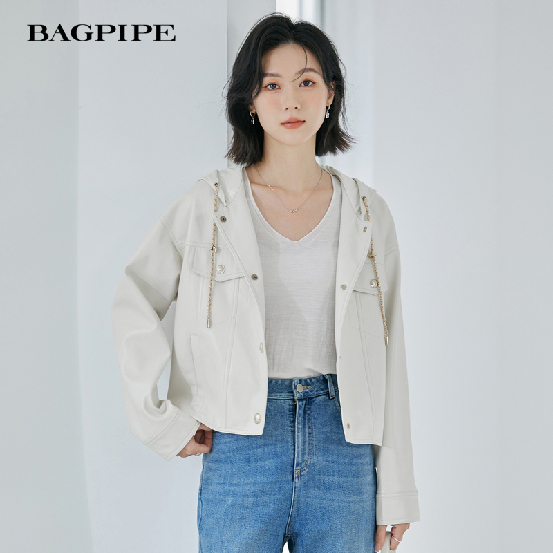 风笛2025春季新款高级感时尚休闲运动风连帽皮衣短外套小个子上衣