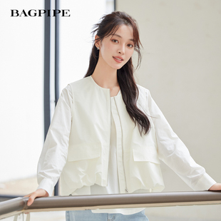 开衫 风笛2026春季 工装 宽松纯色圆领无袖 马甲背心外搭上衣女 新款