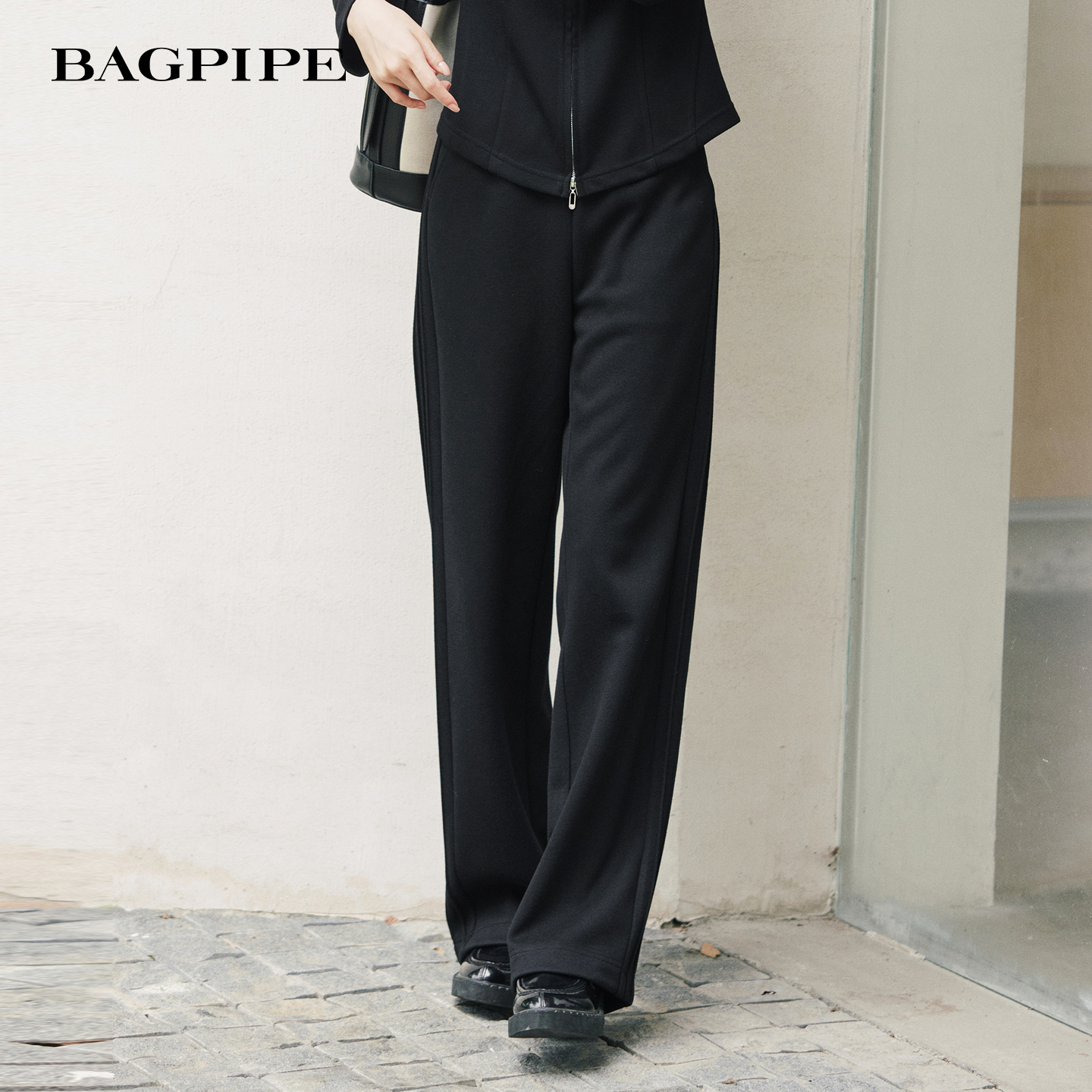 风笛2025冬季新款高腰阔腿裤直筒休闲裤松紧腰显瘦通勤长裤宽松