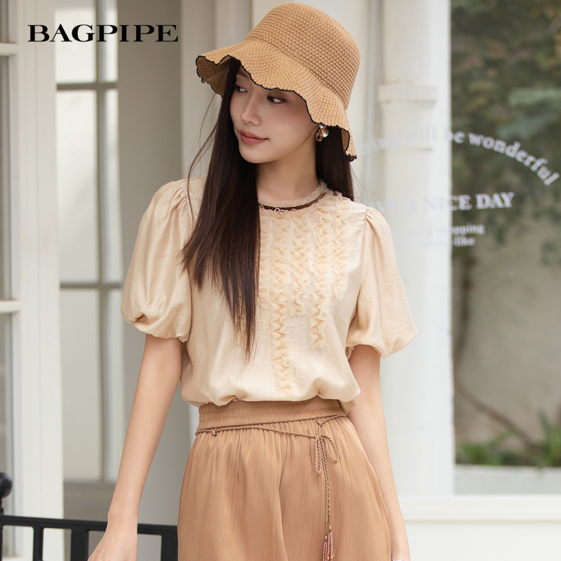 风笛2025夏季新款法式衬衫时尚休闲圆领百搭气质显瘦短袖小衫上衣