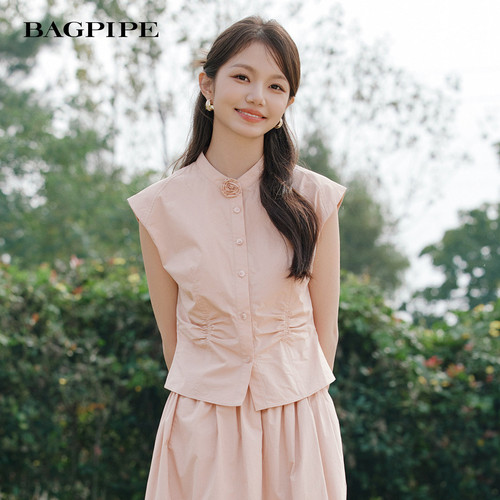 风笛2026夏季温柔风立领无袖衬衫女收腰显瘦小众设计感气质衬衣