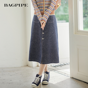 风笛2026春季新款单排纽扣牛仔半身裙气质复古高腰通勤显瘦中长裙
