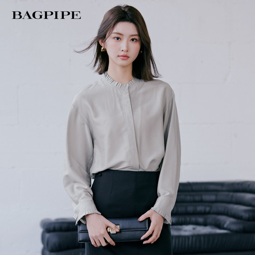 风笛2026秋季新款木耳边立领衬衫女浅灰调通勤气质荷叶边长袖衬衣