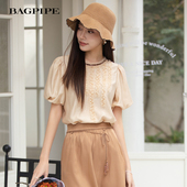 新款 圆领衬衫 法式 薄泡泡袖 女气质衬衣 圆领套头雪纺衫 风笛2025夏季