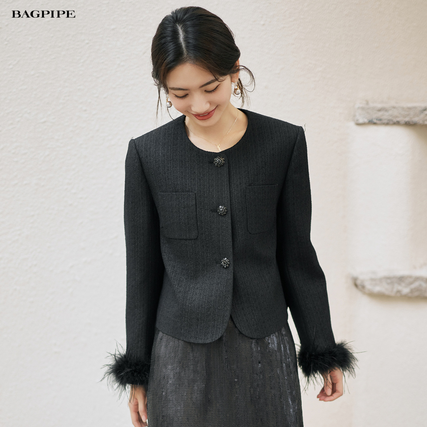 风笛2025秋季新款小香风时髦复古毛毛袖通勤短外套通勤气质上衣女