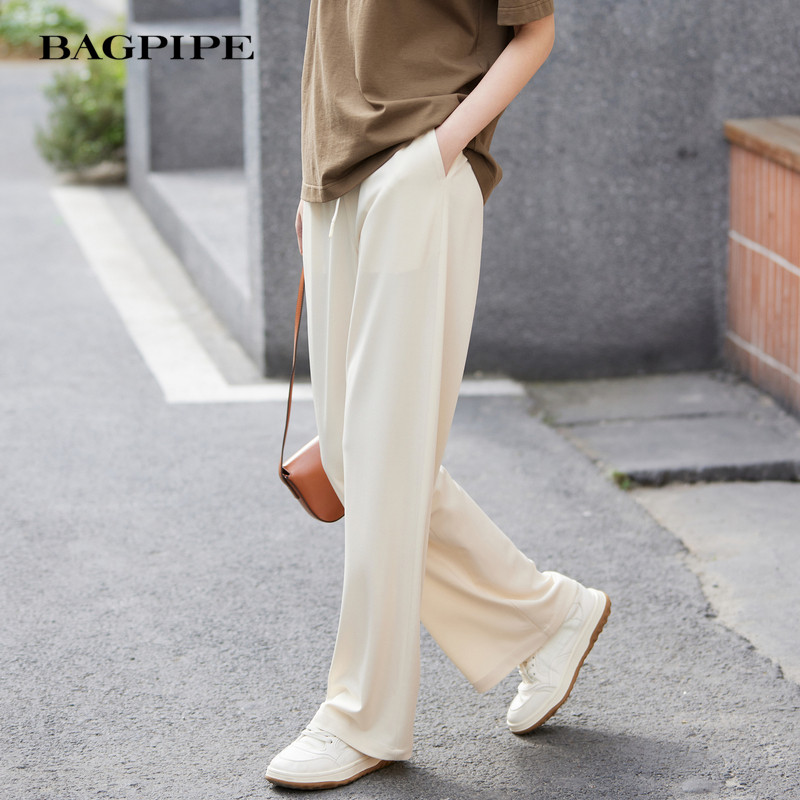 风笛2025夏季新款简约高腰休闲阔腿裤松紧腰抽绳宽松直筒慵懒长裤