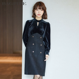 连衣裙女修身 Bagpipe风笛2022冬季 新款 百搭显瘦丝绒拼接收腰裙子