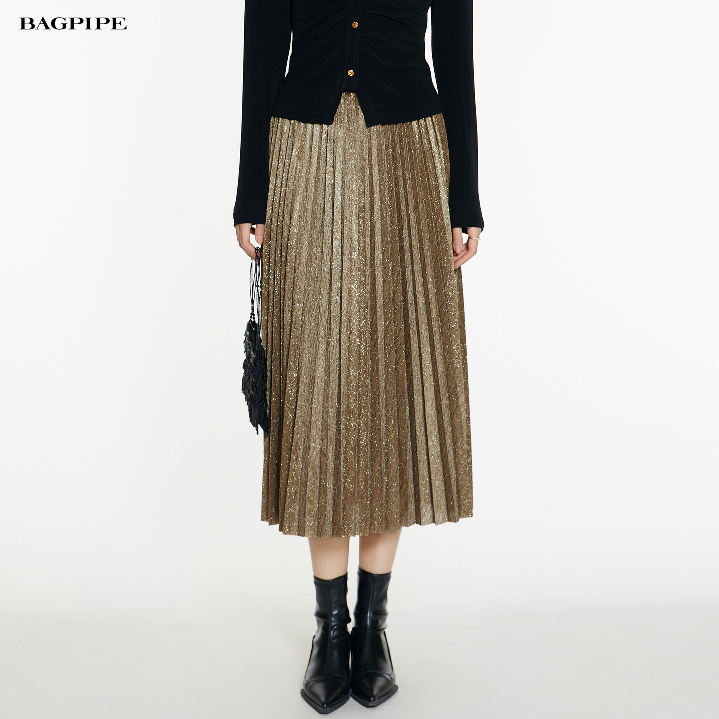 风笛2025秋季新款重工压褶烫金半身裙女高腰垂感A字中长款百褶裙
