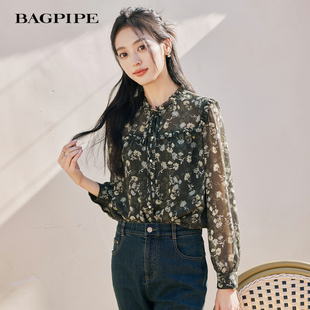 女长袖 风笛2025秋季 显瘦衬衫 复古印花修身 洋气木耳边上衣 新款