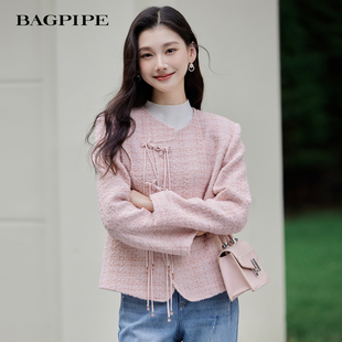 风笛2026春季新款新中式小香风短款外套长袖圆领修身上衣