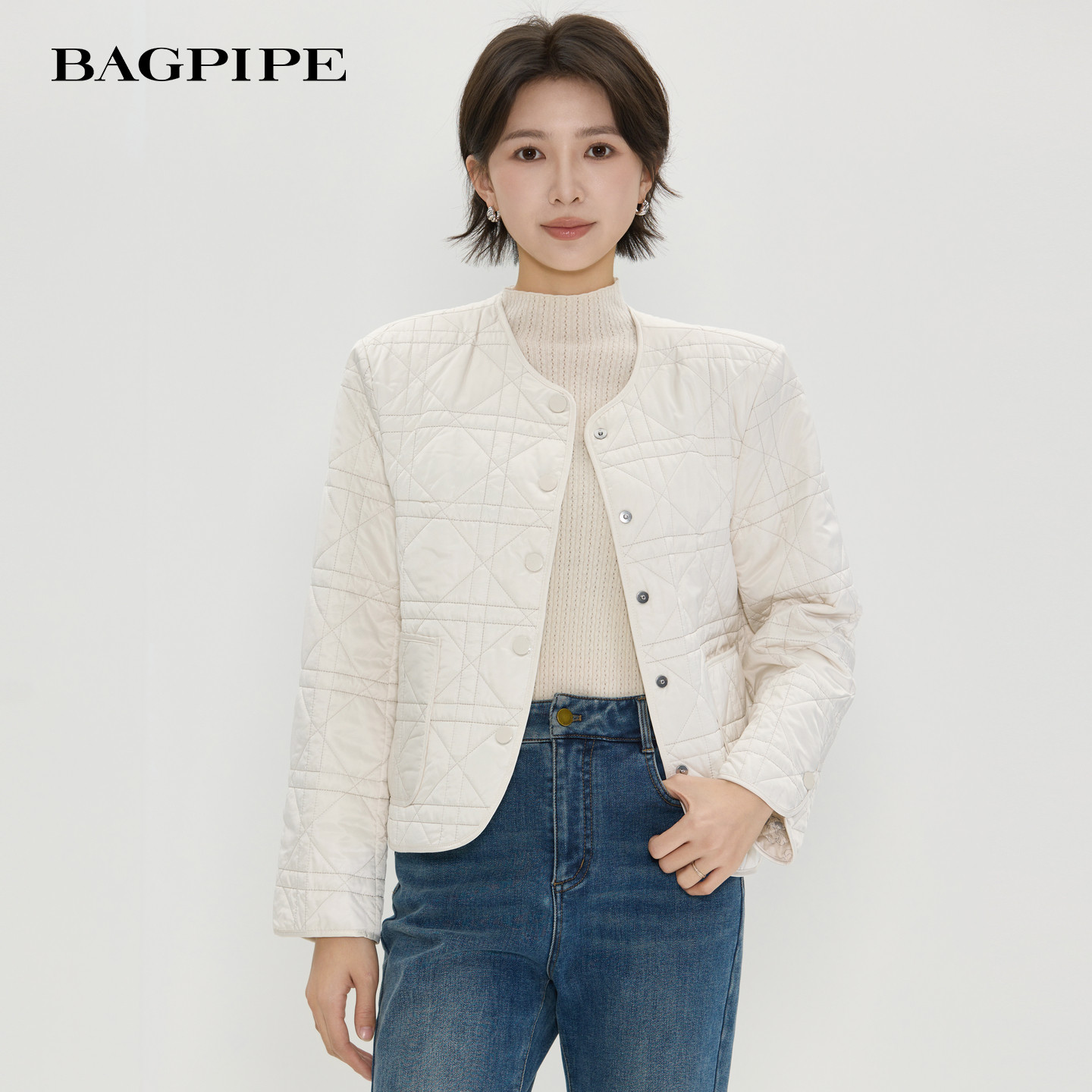 风笛2025冬季新款无领绗缝轻薄棉服女气质通勤简约百搭小香风棉衣