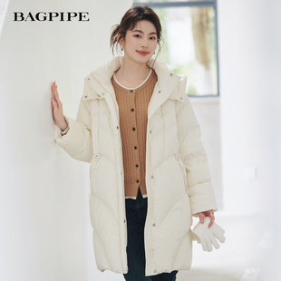 风笛2025冬季新款冬鹅绒连帽宽松云朵泡芙羽绒服女中长款显瘦加厚