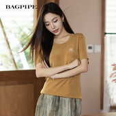 醋酯T恤圆领宽松休闲百搭短袖 风笛2025夏季 新款 上衣薄微弹慵懒感