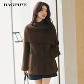 风笛2025冬季 新款 气质宽松羊毛大衣智性毛呢外套针织围脖两件套