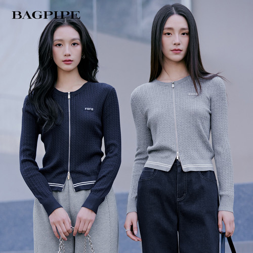 风笛2026秋季新款双拉链针织开衫女短款圆领坑条修身显瘦毛衣外套