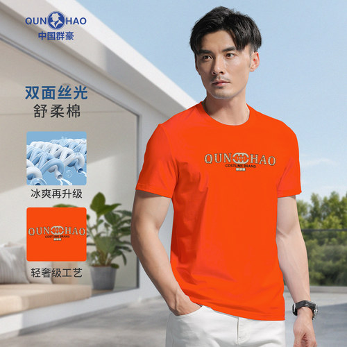 【轻奢·凉感】群豪丝光棉夏季圆领透气高端禅意男衣服高级感T513