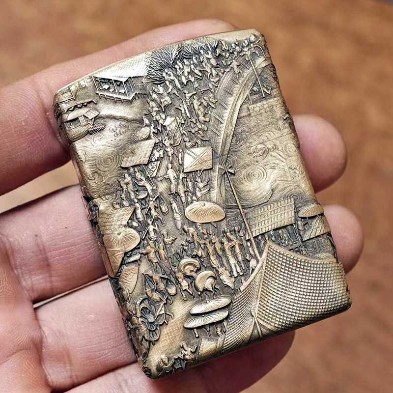 佐罗912S清明上河图黄铜加厚盔甲3D4面环绕立体浮雕煤油打火机