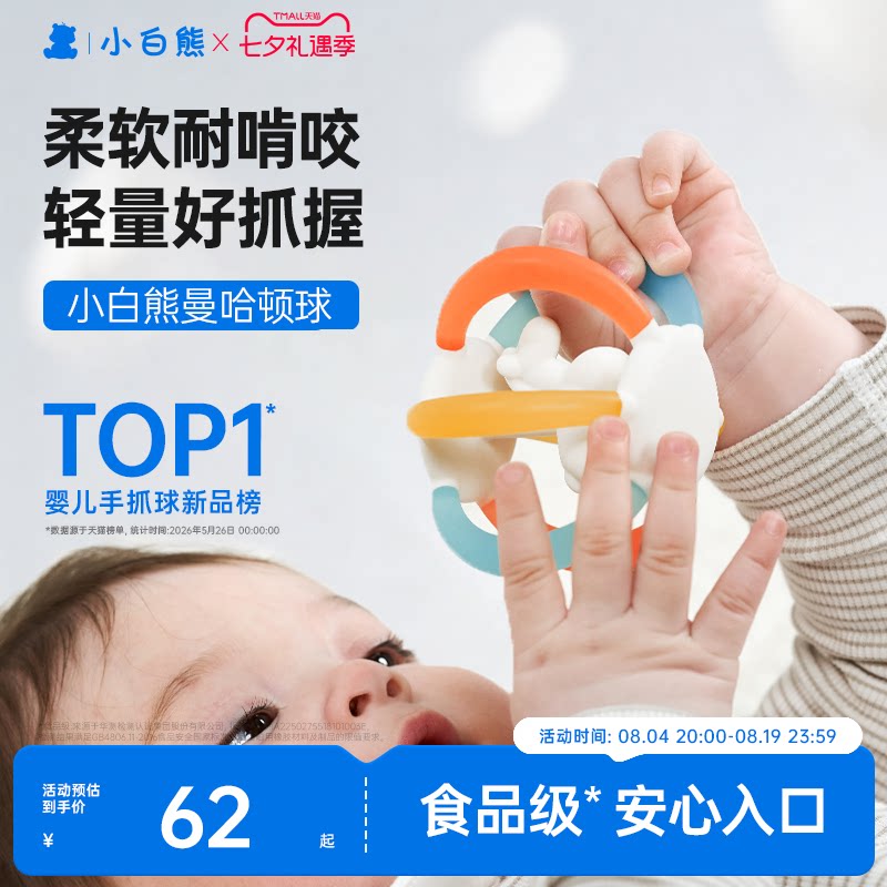 小白熊曼哈顿手抓球磨牙棒牙胶婴儿防吃手小月龄口欲期咬硅胶玩具