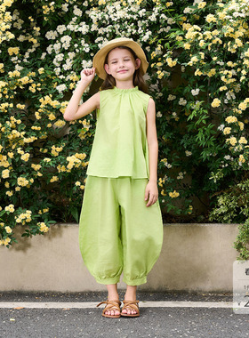 [透气亚麻]马克珍妮女童清凉无袖套装 儿童花边领背心夏装250016