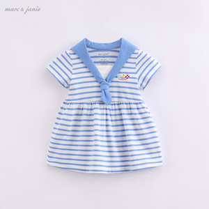 Mark Jennie Baby Summer Summer New Girl Navy Large Striped Short -sleeved Dress Children's Skirt 220802