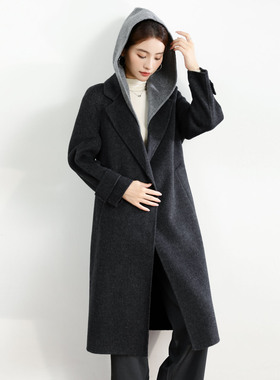 双面羊绒大衣女中长2025秋冬西装领带帽羊毛呢子外套妈妈装15829