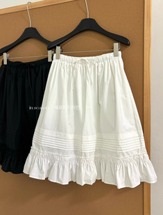 春夏女装抽绳松紧腰纯色压褶花边下摆减龄半身裙中长款垂坠下装