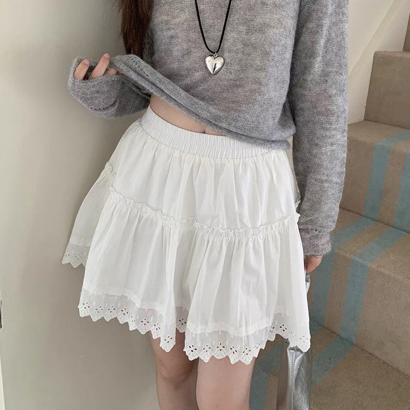 春夏女装棉质木耳边拼接短裙松紧腰垂坠感显瘦纯色甜美蓬蓬裙下装
