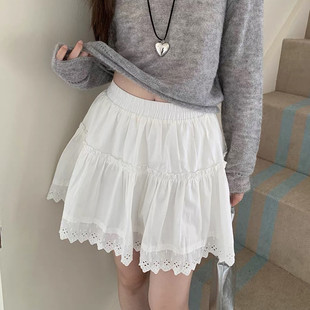 春夏女装棉质木耳边拼接短裙松紧腰垂坠感显瘦纯色甜美蓬蓬裙下装