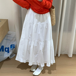 春夏女装纯色棉质半身裙松紧腰中长款垂坠感显瘦宽松休闲简约下装