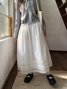 蕾丝边拼接棉质半身裙女春夏松紧腰中长款垂坠感宽松显瘦纯色下装