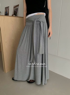 夏季女装松紧腰纯色半身裙中长款垂坠感显瘦a字裙下装纯色度假裙