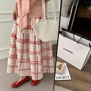 夏季大格子半身裙女松紧腰中长款垂坠感a字裙休闲舒适简约下装