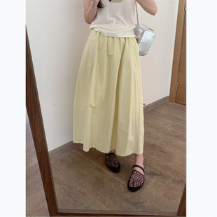 夏季女装棉质半身裙松紧腰中长款纯色显瘦舒适口袋简约下装潮