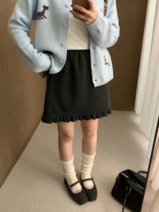 木耳花边磨毛短裙女秋冬松紧腰修身显瘦小个子打底纯色半身裙下装