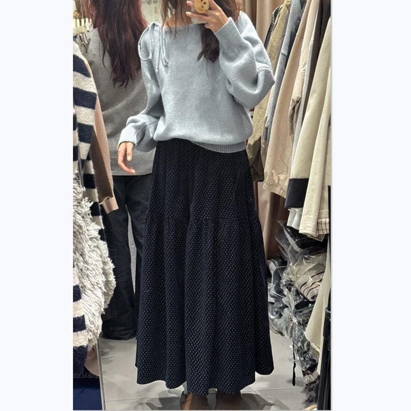 秋冬女装松紧腰波点半身裙垂坠感a字裙打底裙中长款大摆裙下装
