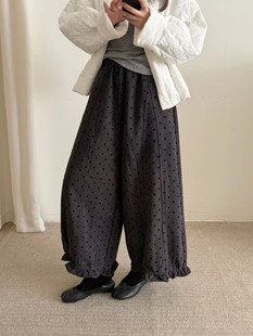 宽松显瘦秋冬女装木耳边拼接波点毛呢阔腿裤松紧腰垂坠感口袋下装