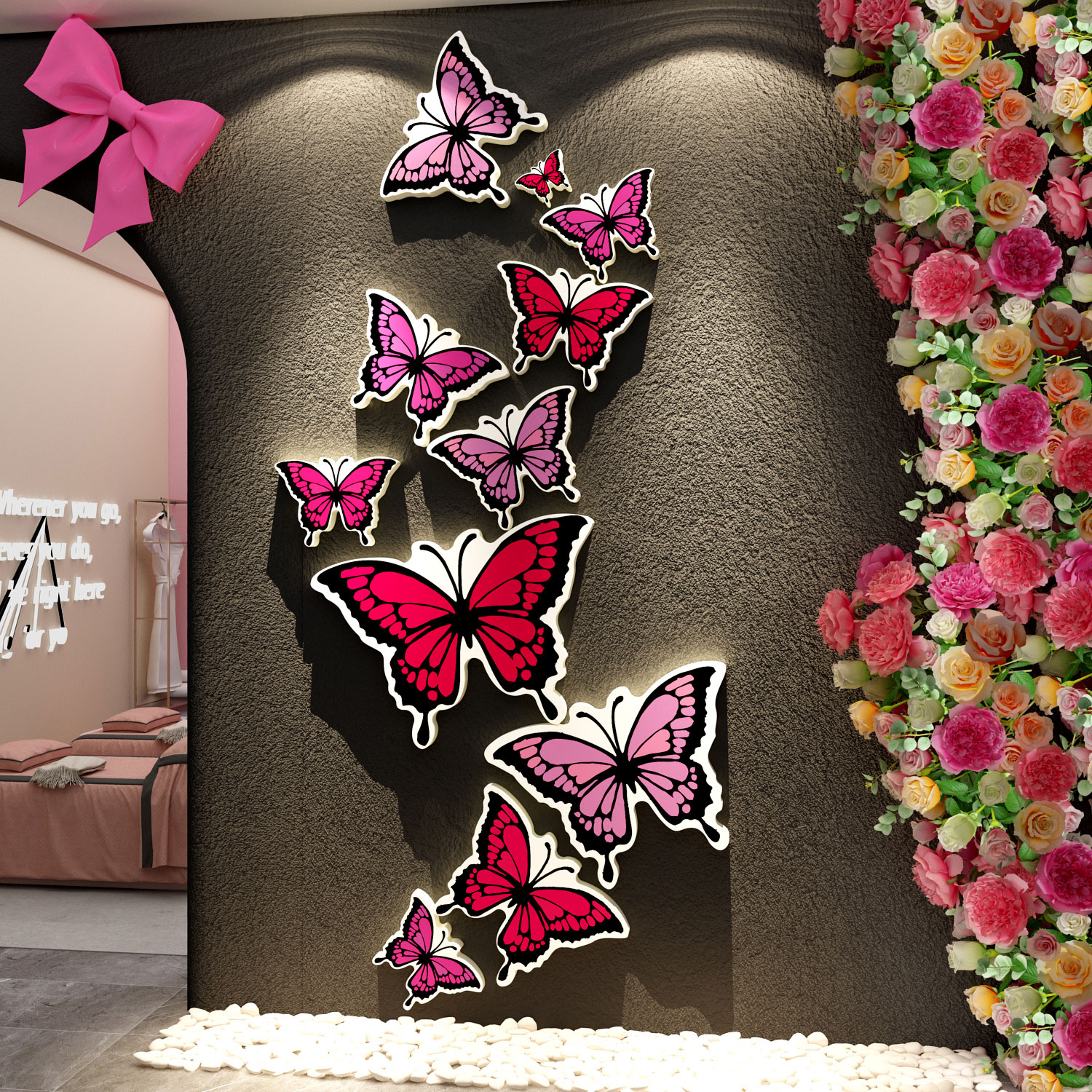 网红打卡形象墙面美容院拍照区装饰巨型蝴蝶氛围布置高级感造背景