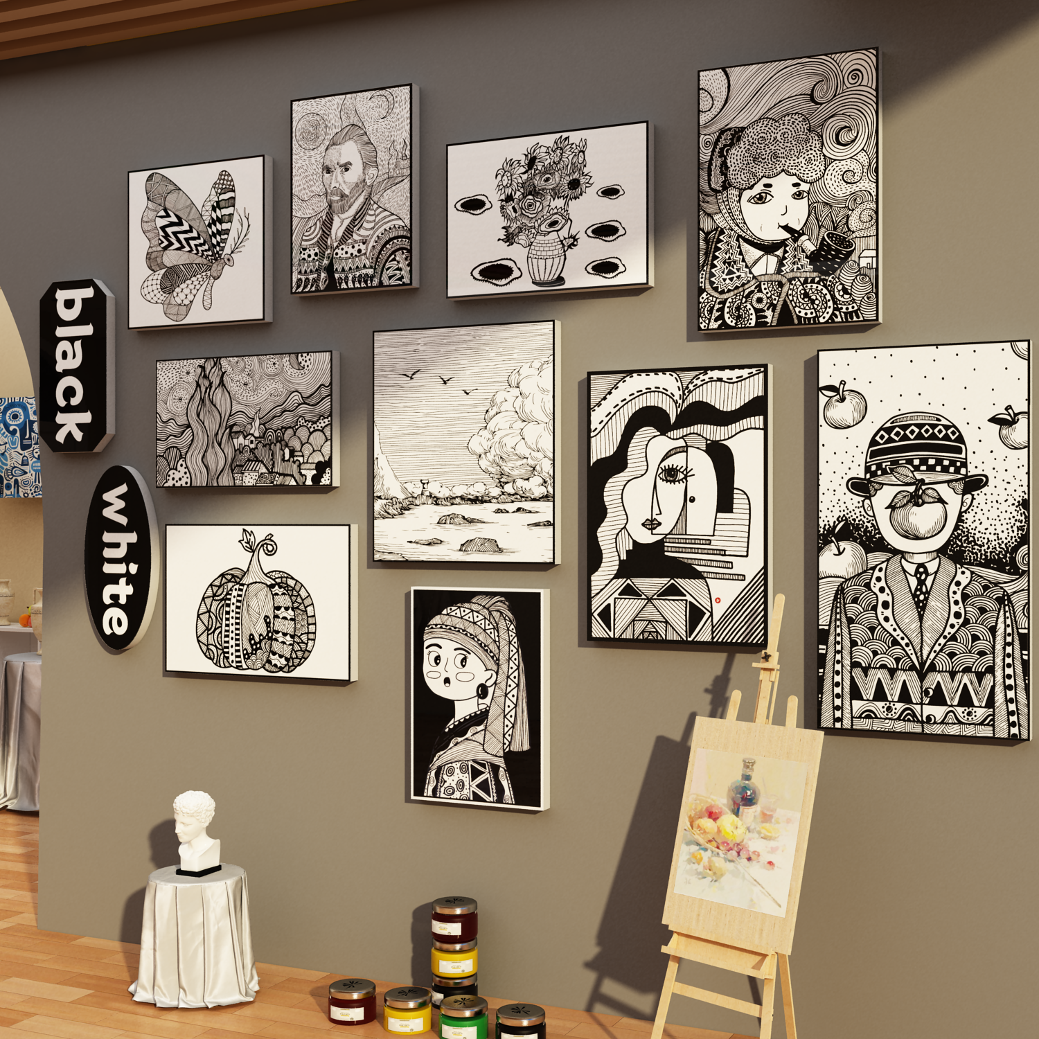 画室展氛围布置美术教室装饰墙面幼儿园环创材料线素描主题成品