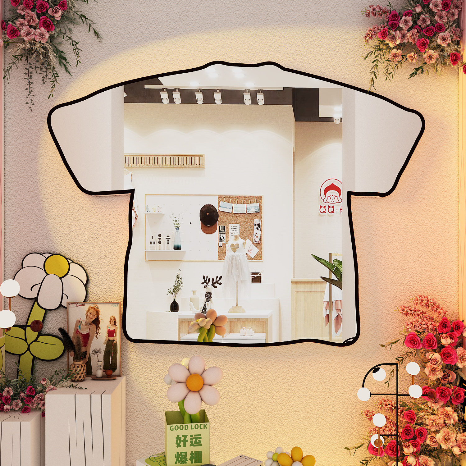 网红打卡儿童服店铺氛围装饰镜子收银台背景道具拍照区形象墙贴画