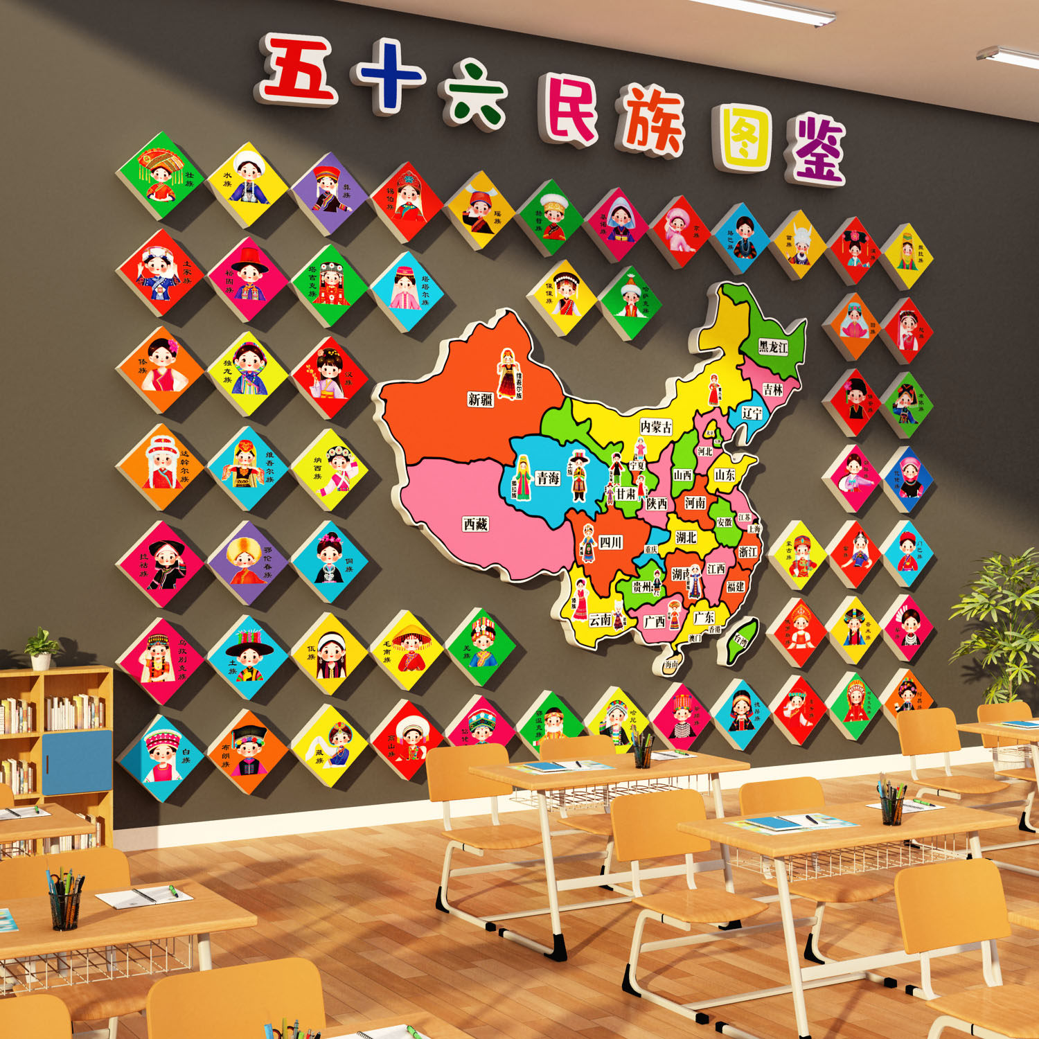 56五十六个民族挂图鉴团结环创中国地图幼儿园文化主题墙成品贴纸