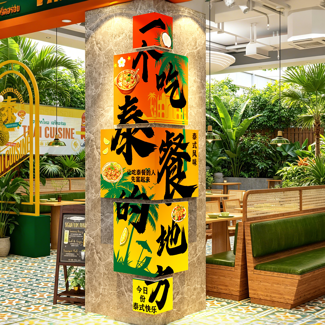 网红泰式风味餐饮东南亚料理饭店装饰墙面布置泰国菜广告柱子贴纸