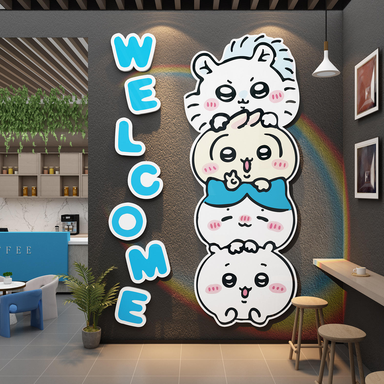 网红奶茶店墙壁乌萨奇贴画打卡拍照区布置背景门口吸引顾客神器