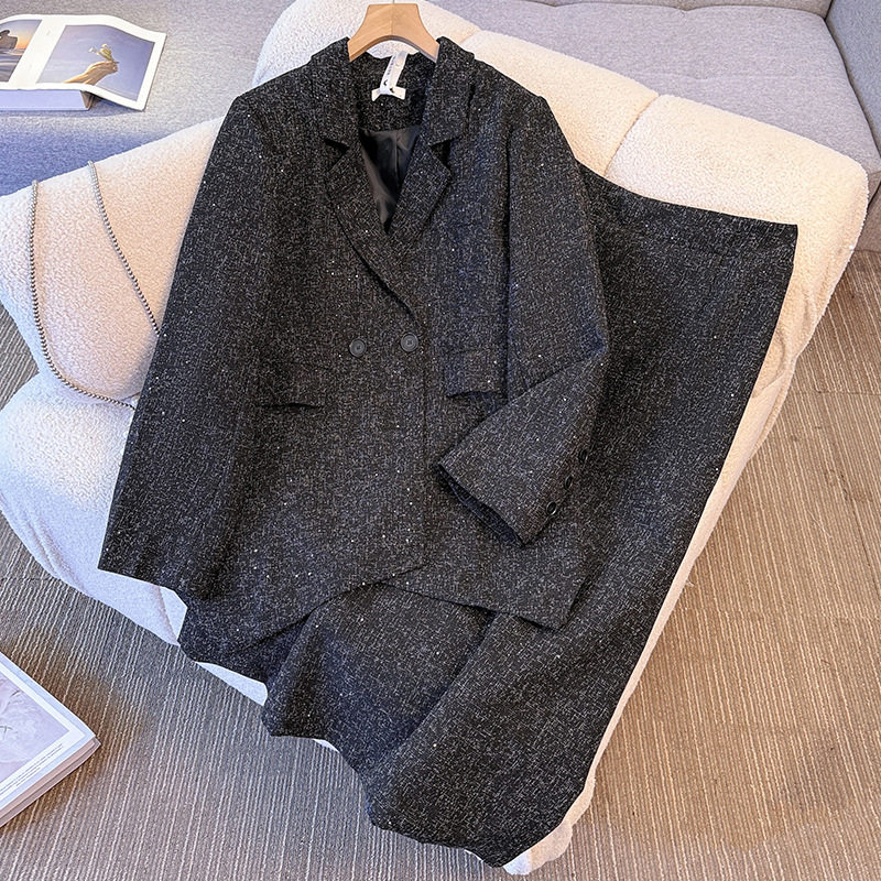 300斤大码女装350胖mm秋冬新洋气显瘦西装外套半身裙两件套装200