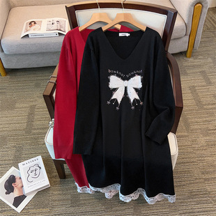350斤大码女春秋冬胸围160长款V领显瘦新年红色毛衣连衣裙300胖MM