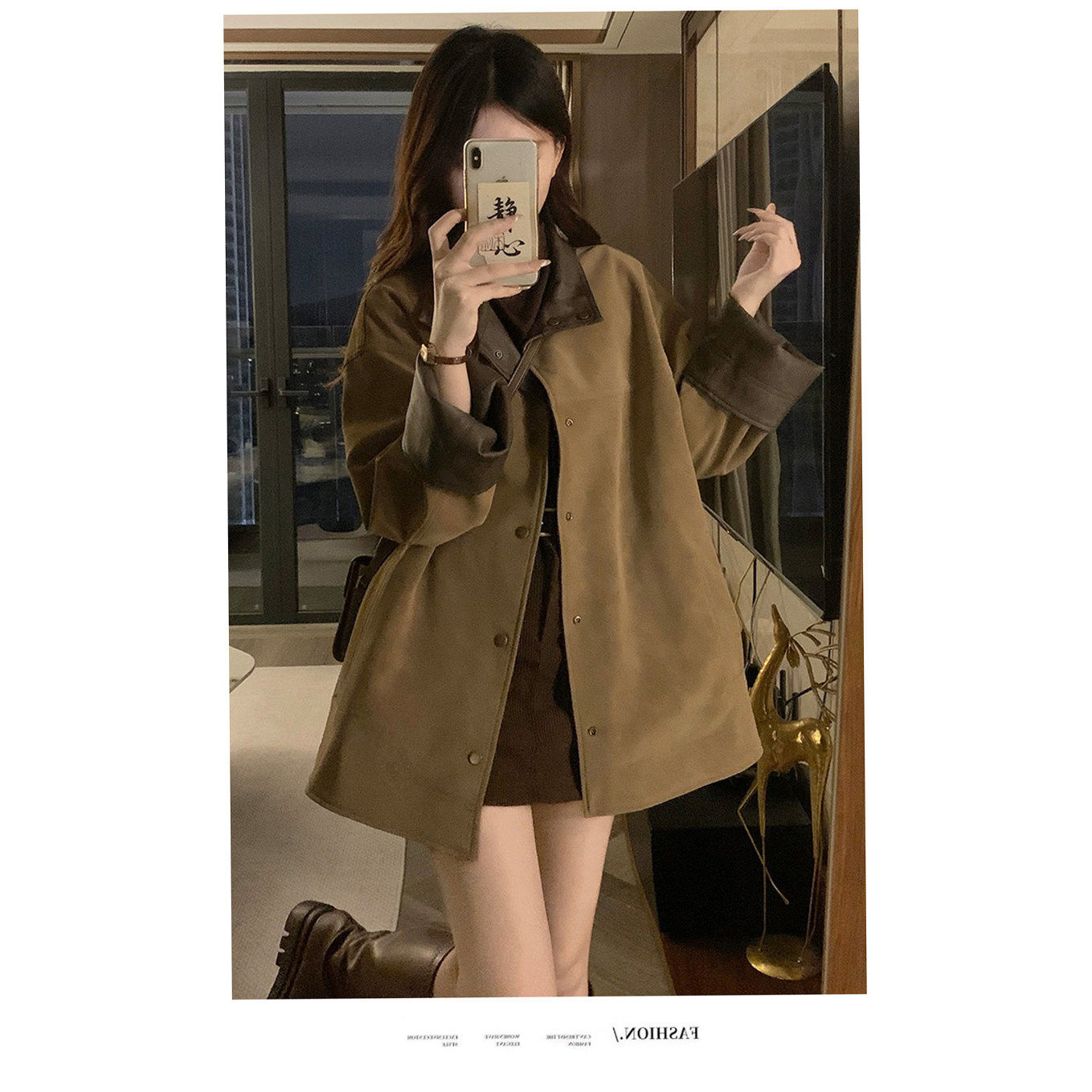 300斤大码女秋冬260胖m正反两穿咖色翻领撞色麂皮绒皮衣风衣外套