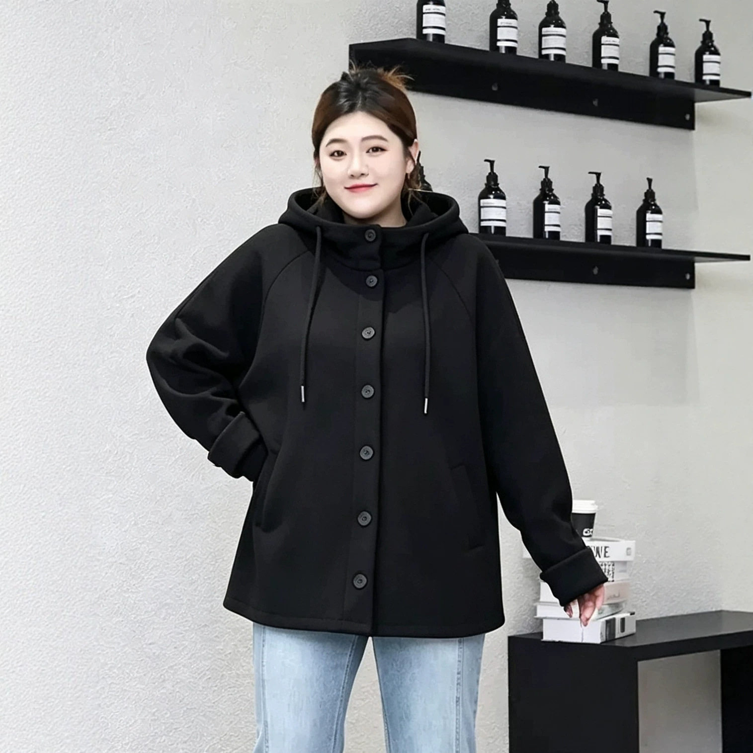 大码女装秋款显瘦保暖连帽外套
