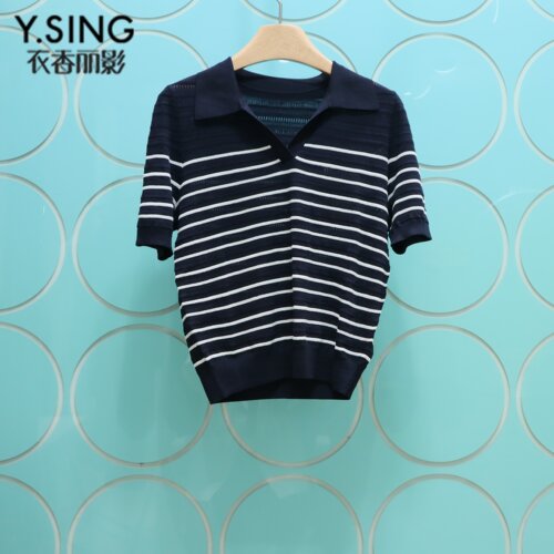 YSING衣香丽影专柜正品2026夏季新款翻领条纹短袖针织衫150619006